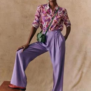 새로운 프랑스 우아한 현대 인쇄 패턴 흐름 실크와면 혼합 긴팔 얇은 셔츠