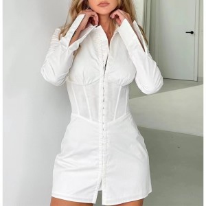 유럽 ​​및 미국 스타일 패션 허리 긴팔 드레스 폴로 칼라 흰색 셔츠 드레스