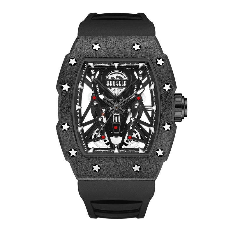 Baogela Silver Black Sport Quartz 남성용 Tonneau 다이얼 아날로그 방수 손목 시계 실리콘 스트랩 Luminous Hands 4145