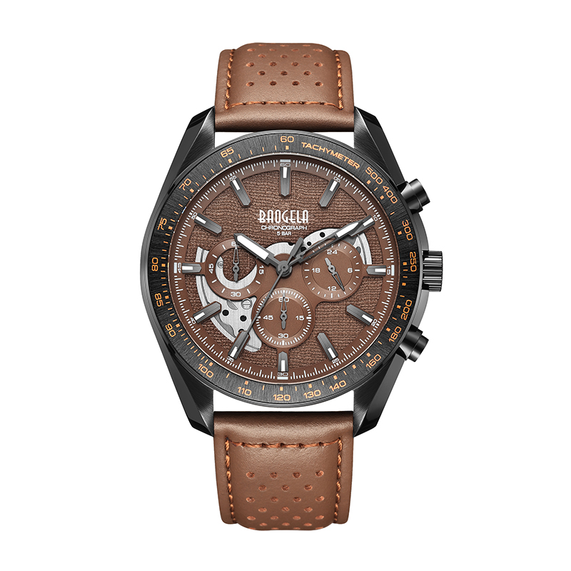 Baogela New Luxury Men Sport Quartz 남성 크로노 그래프 캘린더 일본 운동 50bar 최고 브랜드 시계 정품 가죽 손목 시계 22804