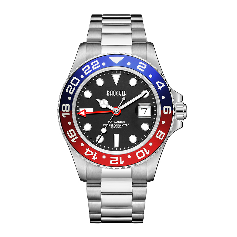 Baogela New Blue Red Water Ghost Watch Men \\ 's Watch 50 미터 방수 스테인레스 스틸 스트랩 스위스 스위스 운동 repulino 22807