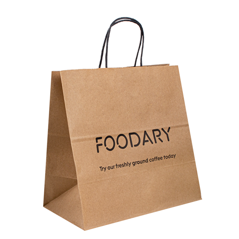 자신의 로고가있는 흰색 갈색 크래프트 종이 가방, 로고가있는 종이 쇼핑백, 종이 크래프트 가방 핸들이있는 맞춤형 종이 가방