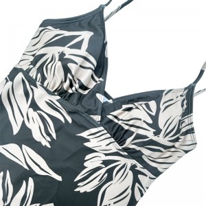 드로 스트링 조끼는 주름진 v- 넥 그린 리프 프린트 2 피스 수영복