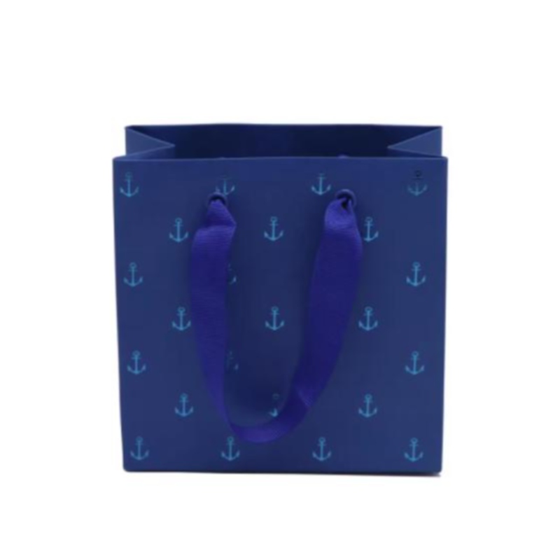 작은 파란색 보석 종이 가방 고급 포일 스탬핑 선물 종이 가방 핸들 커스텀 미니 페이퍼 백