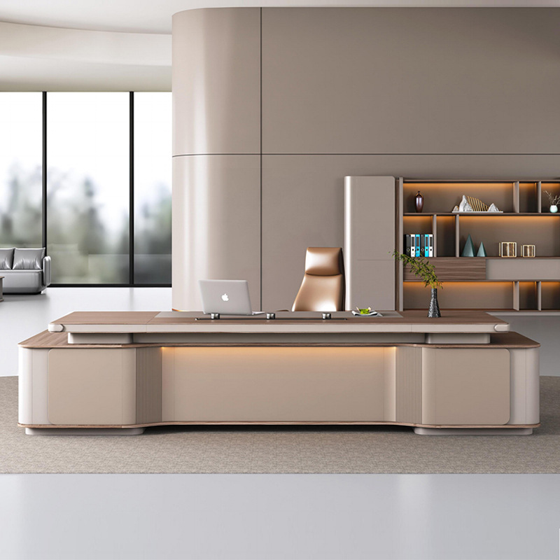 모델: DBT005 모던 보이스-제어 라이트 스트립 보스 조합 책상 및 캐비닛, 다기능 소켓, 가볍고 고급스럽고 우아한 보스 사무실 책상.